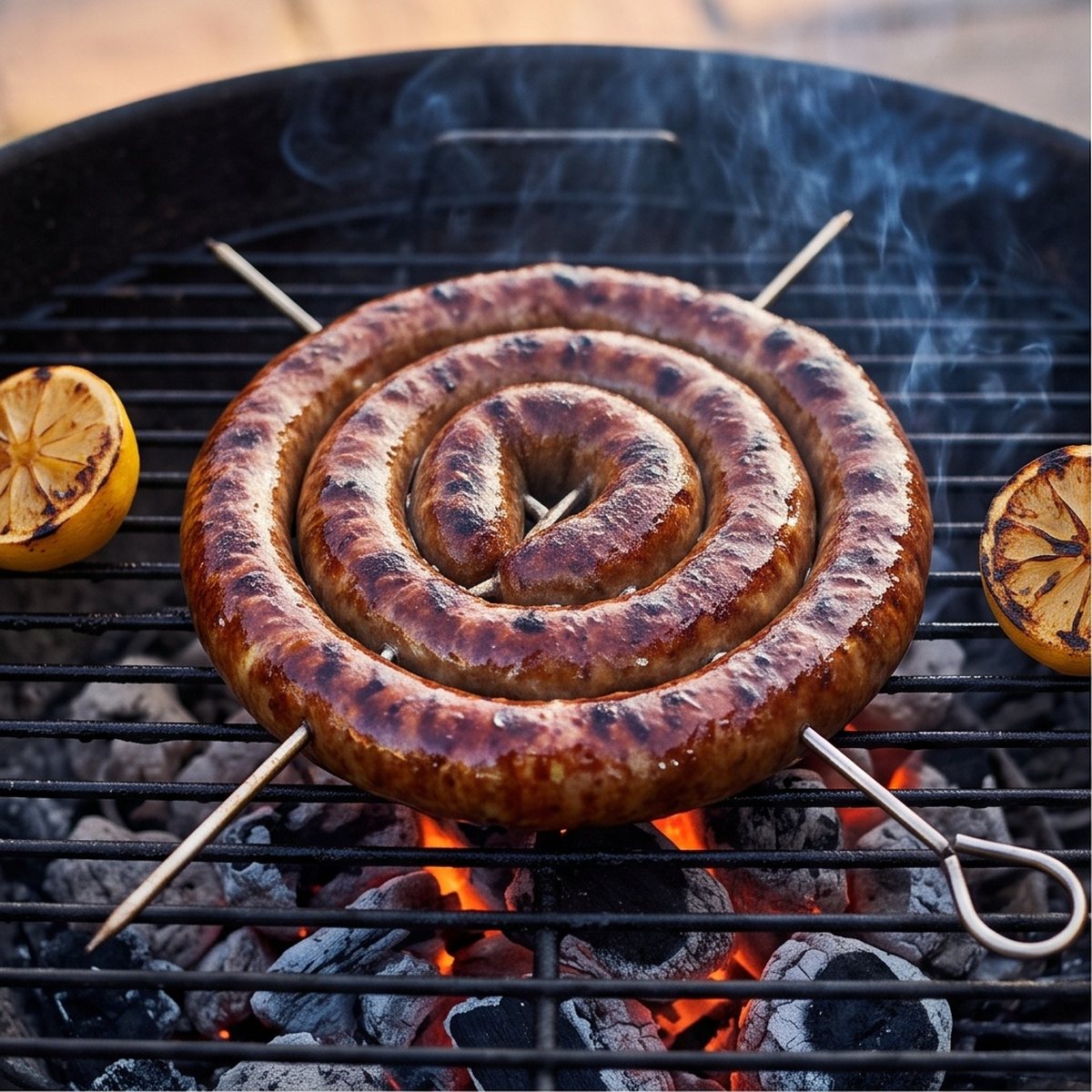 Singh’s Sausage on the coals